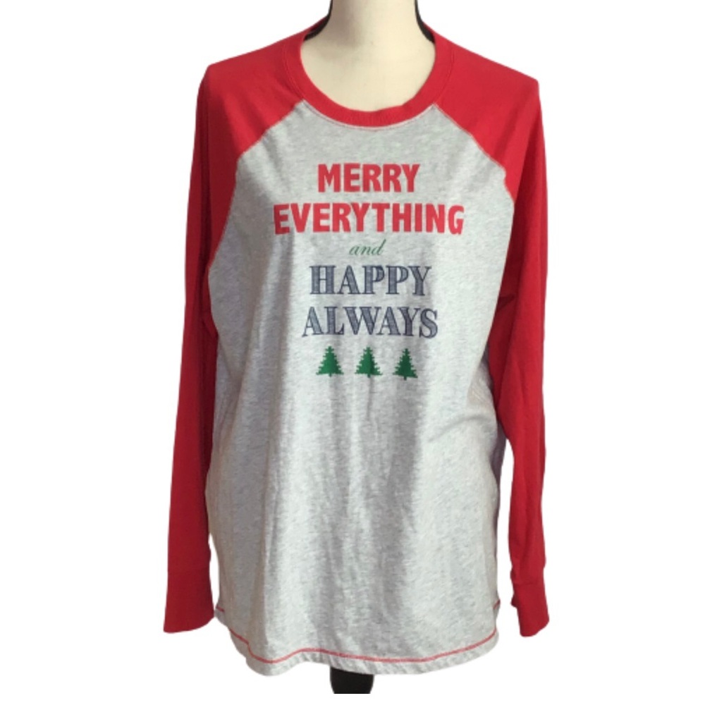 Merry Christmas and Happy Everything Gray and Red Raglan Top Large